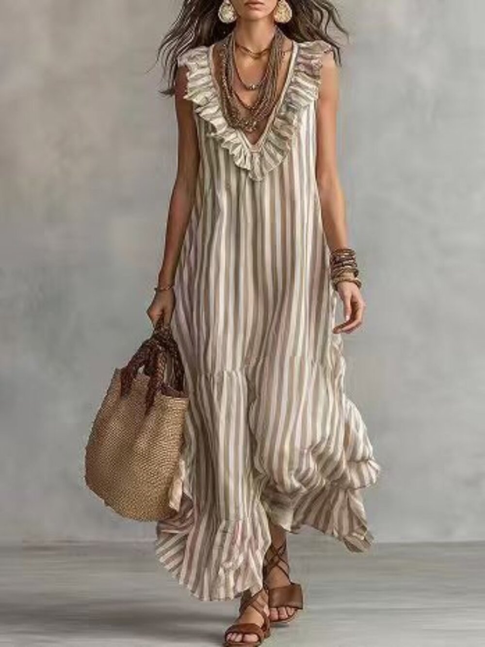 Women's Striped Ruffle V-Neck Maxi Dress